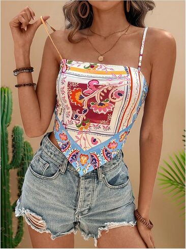 SHENHE Women's Tropical Print Spaghetti Strap Bandana Top Hanky Hem Hankerchief Tank Crop Cami in Saudi Arabia