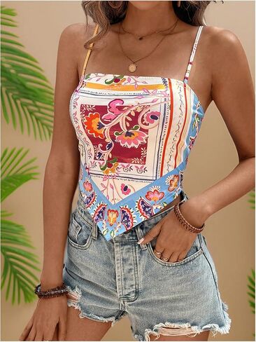 SHENHE Women's Tropical Print Spaghetti Strap Bandana Top Hanky Hem Hankerchief Tank Crop Cami in Saudi Arabia