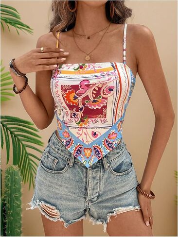 SHENHE Women's Tropical Print Spaghetti Strap Bandana Top Hanky Hem Hankerchief Tank Crop Cami in Saudi Arabia