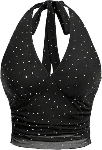 Wdirara Women's Rhinestone Crop Halter Top Ruched Sipeless Tie top Backless Mesh Top in Saudi Arabia