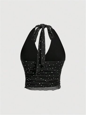 Wdirara Women's Rhinestone Crop Halter Top Ruched Sipeless Tie top Backless Mesh Top in Saudi Arabia
