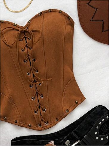 Soly Hux Women's Faux Suede Tubs Tops Lace Up Bandlesslessless Bandeau Summer Out Corset Crop Top in Saudi Arabia