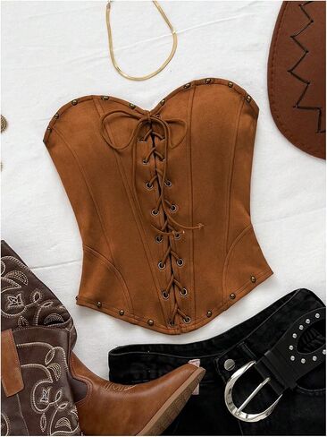 Soly Hux Women's Faux Suede Tubs Tops Lace Up Bandlesslessless Bandeau Summer Out Corset Crop Top in Saudi Arabia