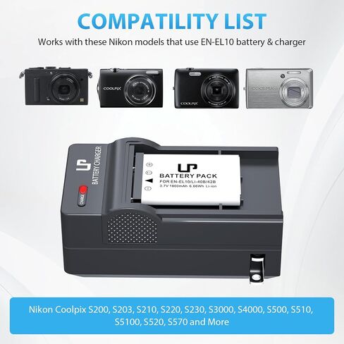 LP EN-EL10 Battery Charger, Charger Compatible with Nikon Coolpix S200, S203, S210, S220, S230, S3000, S4000, S500, S510, S5100, S520, S570 and More, Replacement Charger in Kuwait