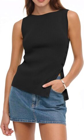 Baonmy Women Asymmetrical Button Down Tank Top Ribbed Summer Side-Button Sleeveless Boat Neck Slim Y2K Going Out Trendy Tops in Kuwait