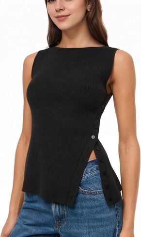 Baonmy Women Asymmetrical Button Down Tank Top Ribbed Summer Side-Button Sleeveless Boat Neck Slim Y2K Going Out Trendy Tops in Kuwait