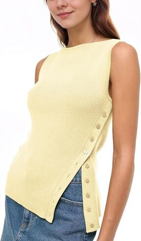 Baonmy Women Asymmetrical Button Down Tank Top Ribbed Summer Side-Button Sleeveless Boat Neck Slim Y2K Going Out Trendy Tops in Kuwait