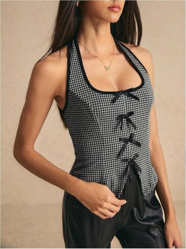 Soly Hux Women's Y2K Bow Halter Top Plaid Slaidess Splists Spless Tops Lackless Backless in Saudi Arabia