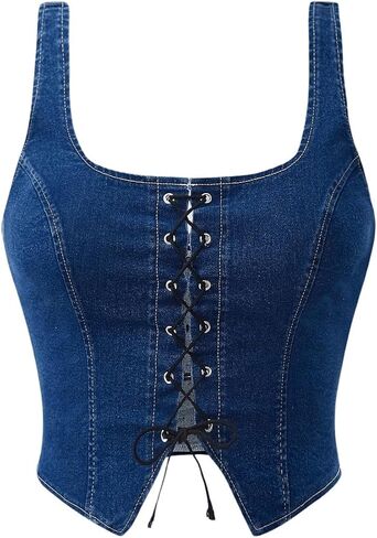 Floerns Women's Plus Size Y2K Sliciveless Corset Denim Tops Lace Up split splic in Kuwait