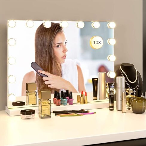 Vanity Mirror Makeup Mirror with Lights,10X Lens,22.8"x 18.1" Hollywood Lighted Vanity Mirror with 15 Dimmable LED Bulbs,3 Color Modes,Touch Control for Bedroom,Tabletop or Wall-Mounted, White in Saudi Arabia