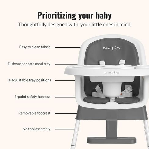 Dream On Me Curio Sit N Seek 3 في 1 كرسي قابل للتحويل من الرمادي الرمادي الصلب وقابل للإزالة وقابل للتعديل ، كرسي مرتفع محمول ، أرجل قابلة للتعديل ، مسند قدم قابل للفصل و 5 نقاط السلامة in Kuwait