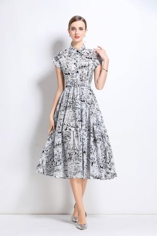 Lai Meng Five Cats Women's Sleeves Rece Shirt الأزرار المطبوعة الأزرار غير الرسمية مع حزام in Kuwait