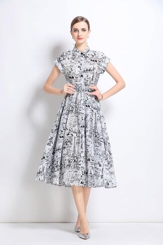 Lai Meng Five Cats Women's Sleeves Rece Shirt الأزرار المطبوعة الأزرار غير الرسمية مع حزام in Kuwait