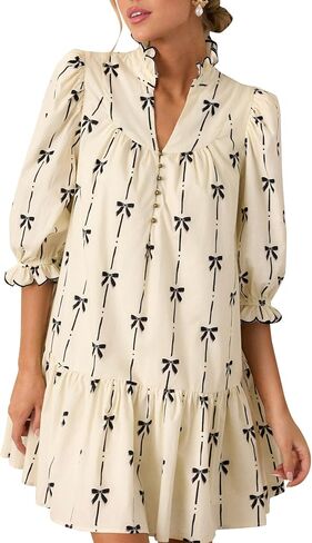 Women Puff Three-Quarter Sleeve Mini Dress Mock V Neck Babydoll Short Dress with Bow Print in Saudi Arabia