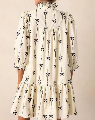 Women Puff Three-Quarter Sleeve Mini Dress Mock V Neck Babydoll Short Dress with Bow Print in Saudi Arabia