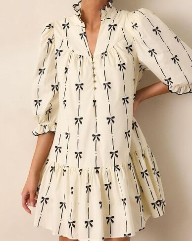 Women Puff Three-Quarter Sleeve Mini Dress Mock V Neck Babydoll Short Dress with Bow Print in Saudi Arabia