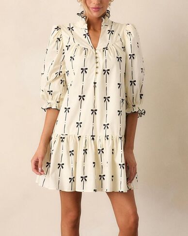 Women Puff Three-Quarter Sleeve Mini Dress Mock V Neck Babydoll Short Dress with Bow Print in Saudi Arabia