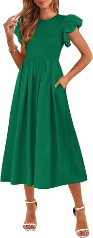 CFLONGE Women's Casual Short Puff Sleeve Summer Dresses for Women 2025 High Waist Casual Flowy A Line Midi Dress with Pockets in Kuwait