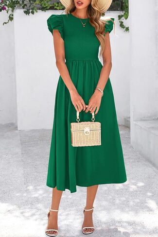 CFLONGE Women's Casual Short Puff Sleeve Summer Dresses for Women 2025 High Waist Casual Flowy A Line Midi Dress with Pockets in Kuwait