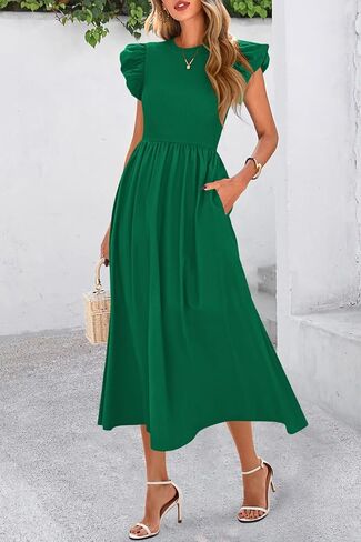 CFLONGE Women's Casual Short Puff Sleeve Summer Dresses for Women 2025 High Waist Casual Flowy A Line Midi Dress with Pockets in Kuwait
