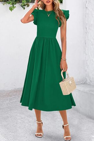 CFLONGE Women's Casual Short Puff Sleeve Summer Dresses for Women 2025 High Waist Casual Flowy A Line Midi Dress with Pockets in Kuwait