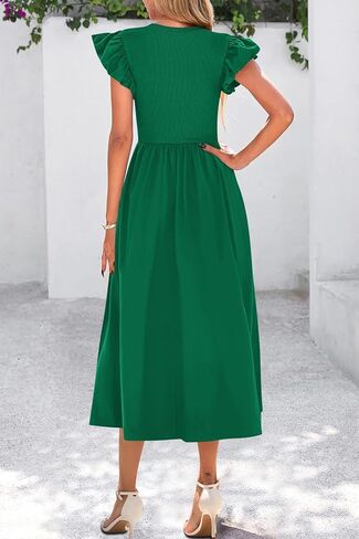 CFLONGE Women's Casual Short Puff Sleeve Summer Dresses for Women 2025 High Waist Casual Flowy A Line Midi Dress with Pockets in Kuwait