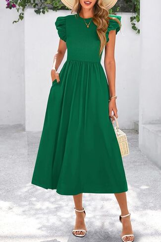 CFLONGE Women's Casual Short Puff Sleeve Summer Dresses for Women 2025 High Waist Casual Flowy A Line Midi Dress with Pockets in Kuwait