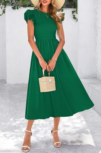 CFLONGE Women's Casual Short Puff Sleeve Summer Dresses for Women 2025 High Waist Casual Flowy A Line Midi Dress with Pockets in Kuwait