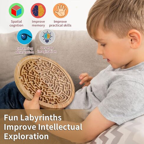Wooden Labyrinth Board Game with Two Versions of Upgraded Circular Marble Maze with Two-Sided Design, 2-in-1 Puzzle Maze with Two Metal Balls, Brain Teaser Game for Children, Teenagers, and Adult in Saudi Arabia