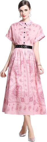 Lai Meng Five Cats Women's Sleeves Rece Shirt الأزرار المطبوعة الأزرار غير الرسمية مع حزام in Kuwait