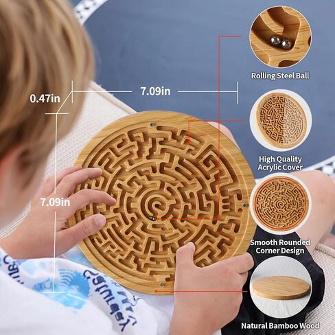 Wooden Labyrinth Board Game with Two Versions of Upgraded Circular Marble Maze with Two-Sided Design, 2-in-1 Puzzle Maze with Two Metal Balls, Brain Teaser Game for Children, Teenagers, and Adult in Saudi Arabia
