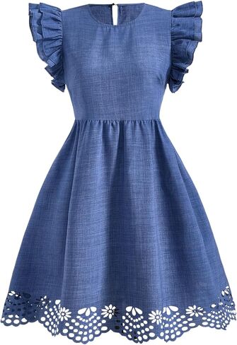 Women's Ruffle Cap Sleeve Short Dress Crew Neck A Line Flowy Babydoll Dresses in Kuwait