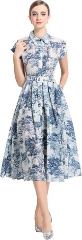 LAI MENG FIVE CATS Women's Short Sleeves Collar Shirt Printed Buttons Casual Midi Dress with Belt in Kuwait
