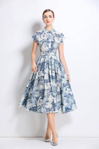 LAI MENG FIVE CATS Women's Short Sleeves Collar Shirt Printed Buttons Casual Midi Dress with Belt in Kuwait