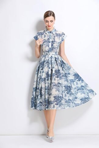 LAI MENG FIVE CATS Women's Short Sleeves Collar Shirt Printed Buttons Casual Midi Dress with Belt in Kuwait
