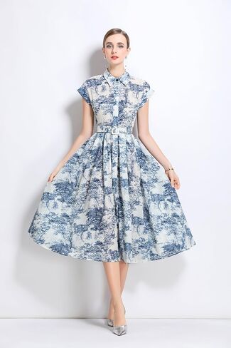 LAI MENG FIVE CATS Women's Short Sleeves Collar Shirt Printed Buttons Casual Midi Dress with Belt in Kuwait