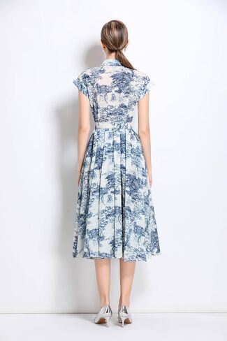 LAI MENG FIVE CATS Women's Short Sleeves Collar Shirt Printed Buttons Casual Midi Dress with Belt in Kuwait