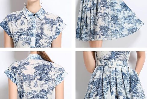 LAI MENG FIVE CATS Women's Short Sleeves Collar Shirt Printed Buttons Casual Midi Dress with Belt in Kuwait