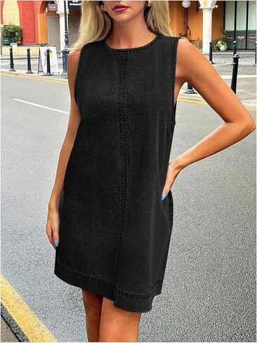 Milumia Women's A-Line Sleeveless Crew Neck Denim Dress Loose Casual Mini Jean Dresses in Saudi Arabia