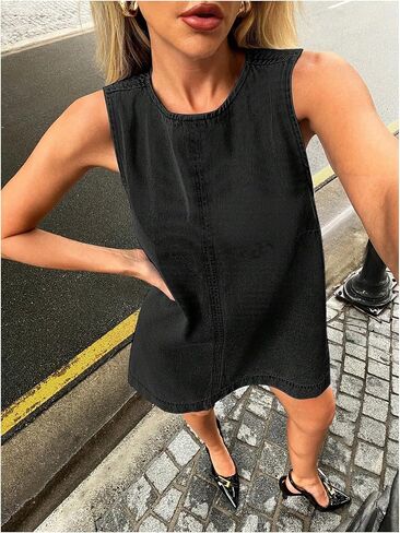 Milumia Women's A-Line Sleeveless Crew Neck Denim Dress Loose Casual Mini Jean Dresses in Saudi Arabia