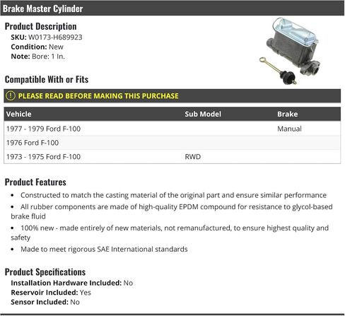 Brake Master Cylinder-متوافقة مع 1973-1979 Ford F-100 RWD in Saudi Arabia