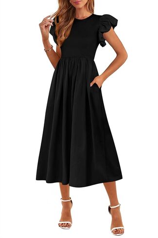 CFLONGE Women's Casual Short Puff Sleeve Summer Dresses for Women 2025 High Waist Casual Flowy A Line Midi Dress with Pockets in Kuwait