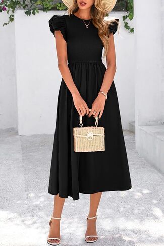 CFLONGE Women's Casual Short Puff Sleeve Summer Dresses for Women 2025 High Waist Casual Flowy A Line Midi Dress with Pockets in Kuwait