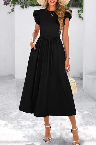 CFLONGE Women's Casual Short Puff Sleeve Summer Dresses for Women 2025 High Waist Casual Flowy A Line Midi Dress with Pockets in Kuwait