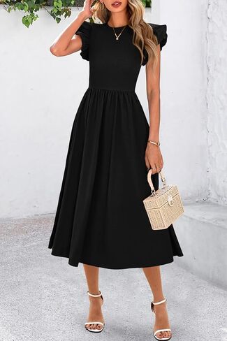 CFLONGE Women's Casual Short Puff Sleeve Summer Dresses for Women 2025 High Waist Casual Flowy A Line Midi Dress with Pockets in Kuwait