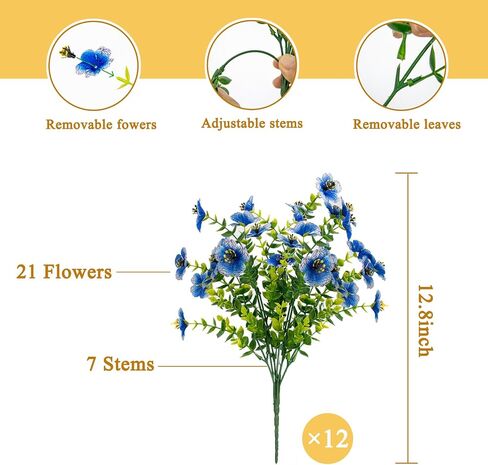Artificial Flowers for Outdoors, 12 Bundles Realistic UV Resistant Fake Silk Flower, Faux Plants for Front Porch Patio Window Box Yard Spring Summer Decoration,Blue in Saudi Arabia
