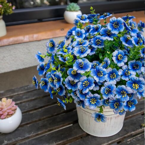 Artificial Flowers for Outdoors, 12 Bundles Realistic UV Resistant Fake Silk Flower, Faux Plants for Front Porch Patio Window Box Yard Spring Summer Decoration,Blue in Saudi Arabia