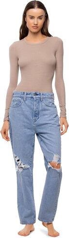 Dion Women’s Luxe Rib Round Neck Long Sleeve Bodysuit with Stylish Thong Cut Back in Saudi Arabia