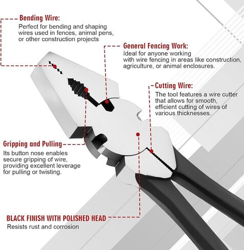 10'' Button Fence Pliers for Bending Cutting and Gripping Flat Nose Wire Cutter Plier for Construction and Wire Fencing Resists Rust and Corrosion in Kuwait