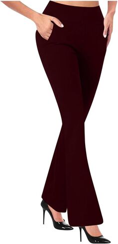 Women's Stretchy Dress Pants Business Casual Pants Office Work Slacks Elastic Waist Flare Leg Trousers with Pockets in Saudi Arabia